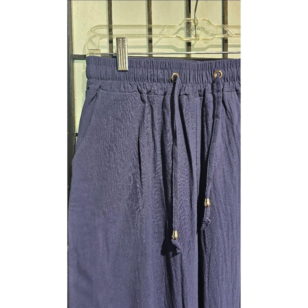Womens Casual Pants Size M Navy Blue Crinkled Relaxed Drawstring Waist Vacation - Picture 3 of 6